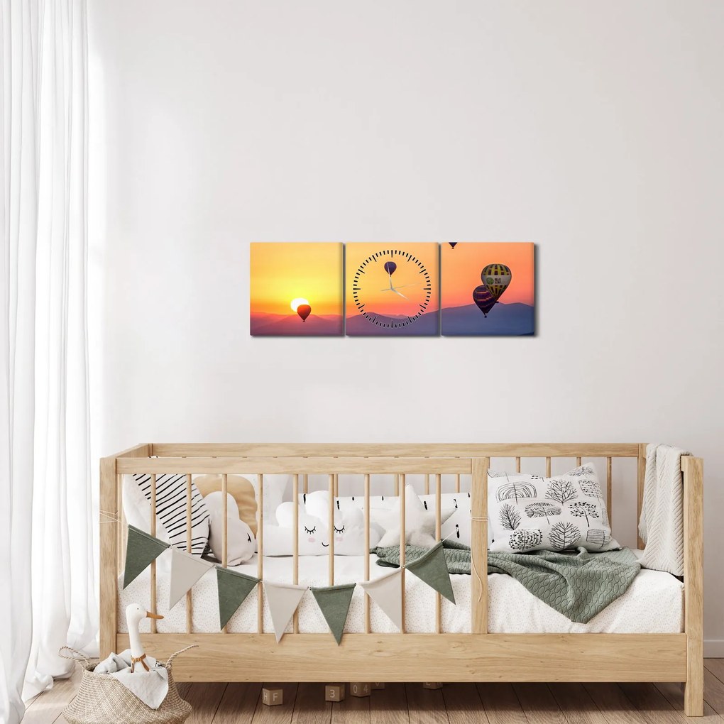 Obraz balonów na ogrzane powietrze (z zegarem) (90x30 cm)