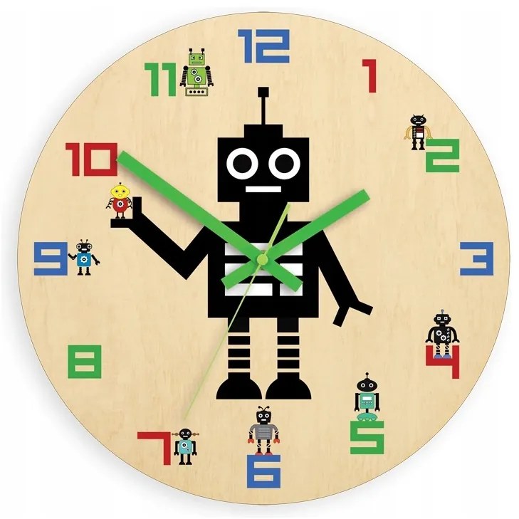 Zegar ścienny cichy do pokoju dziecięcego drewniany nowoczesny robot kolor