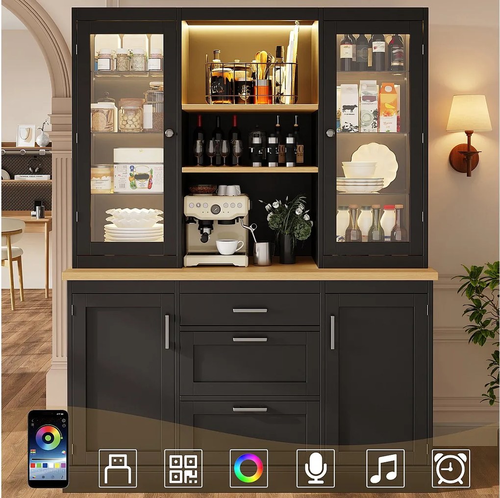 Wysoka komoda kuchenna - 140 x 40 x 185 cm - z 3 szufladami + 2 drzwiami do przechowywania + diodami LED + półkami - MDF - czarna