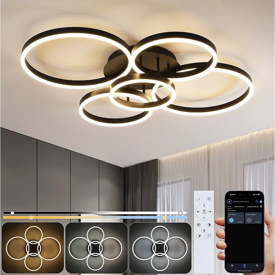 Lampa sufitowa LED NETTLIFE do salonu, ściemnialna, 78 W, 3000–6500 K, 5 pierścieni, nowoczesna, złota, akrylowa, z pilotem