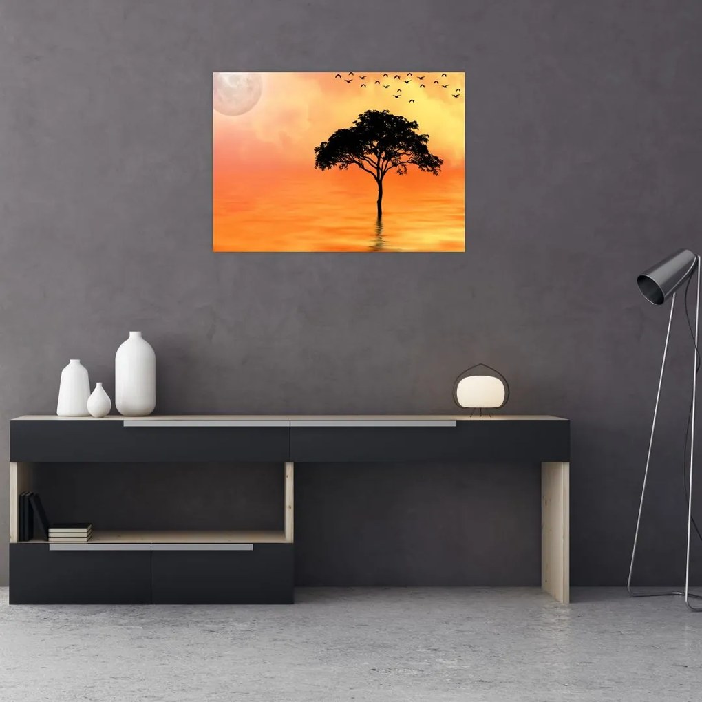 Obraz na szkle - drzewo o zachodzie słońca (70x50 cm)