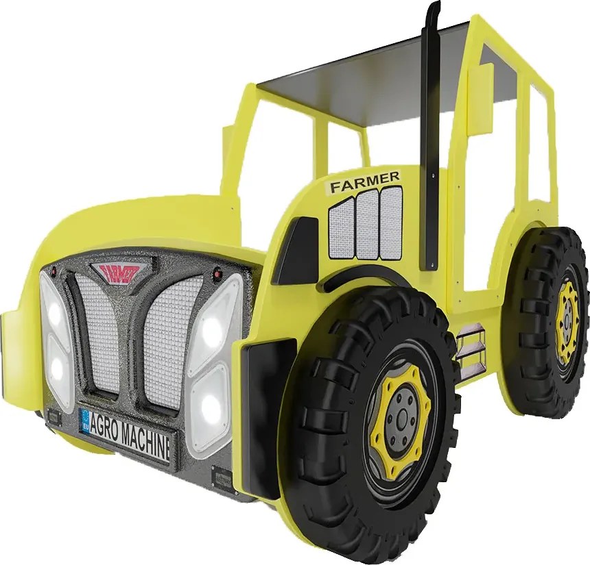 Żółte łóżko traktor dla dziecka z materacem N3-Z19