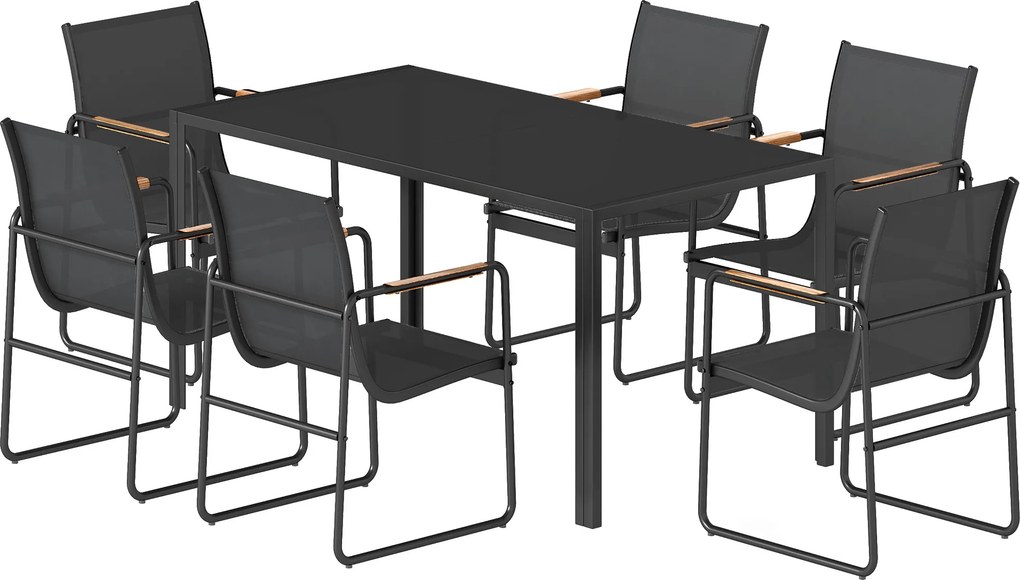 Outsunny Zestaw Mebli Ogrodowych 150 x 80cm Stół Szklany z 6 Oddychającymi Krzesłami Dekoracyjne Podłokietniki Czarny | Aosom PL
