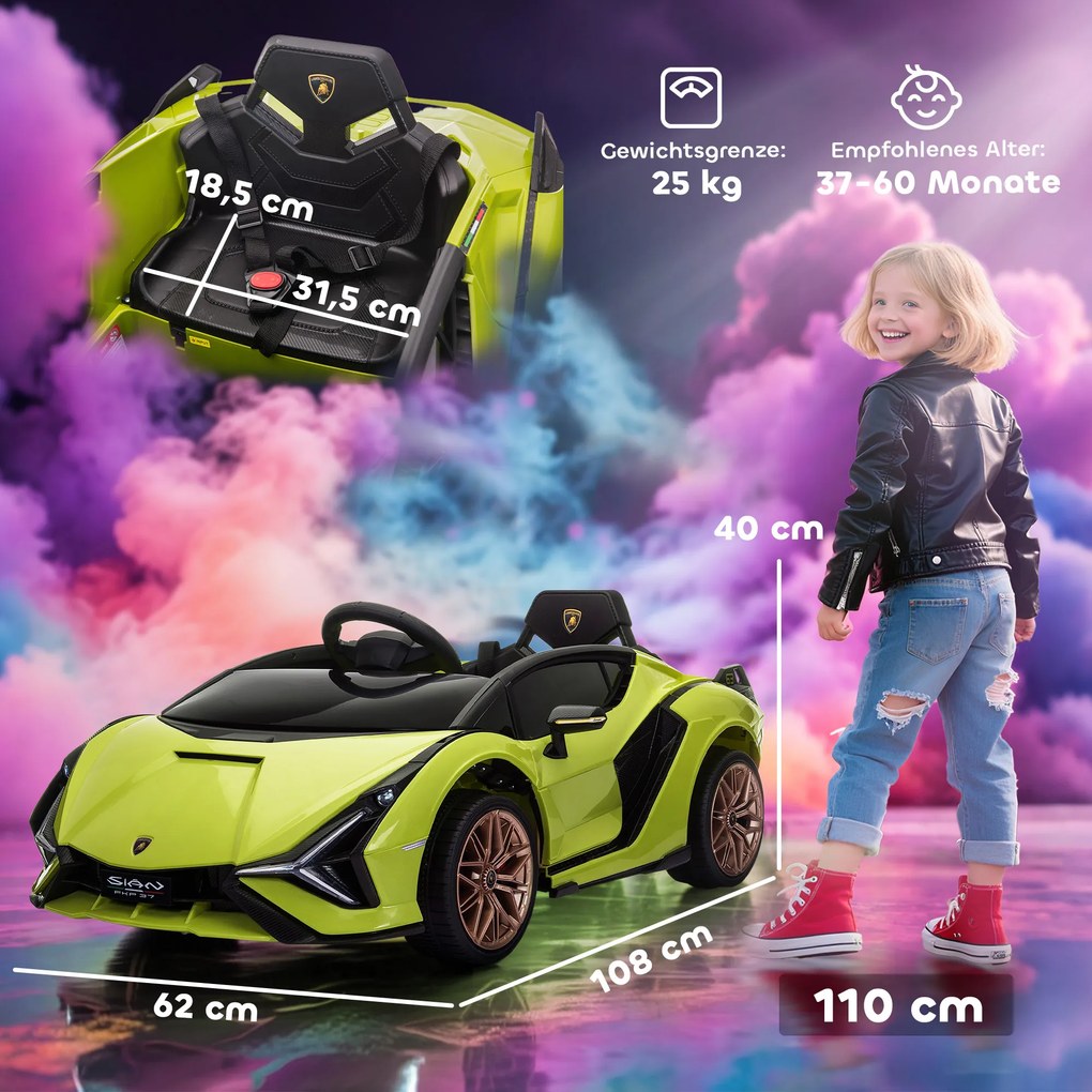 HOMCOM Elektryczny samochodzik dla dzieci, Lamborghini, 3-5 km/h, zdalne sterowanie, dla dzieci 3-5 lat, Zielony