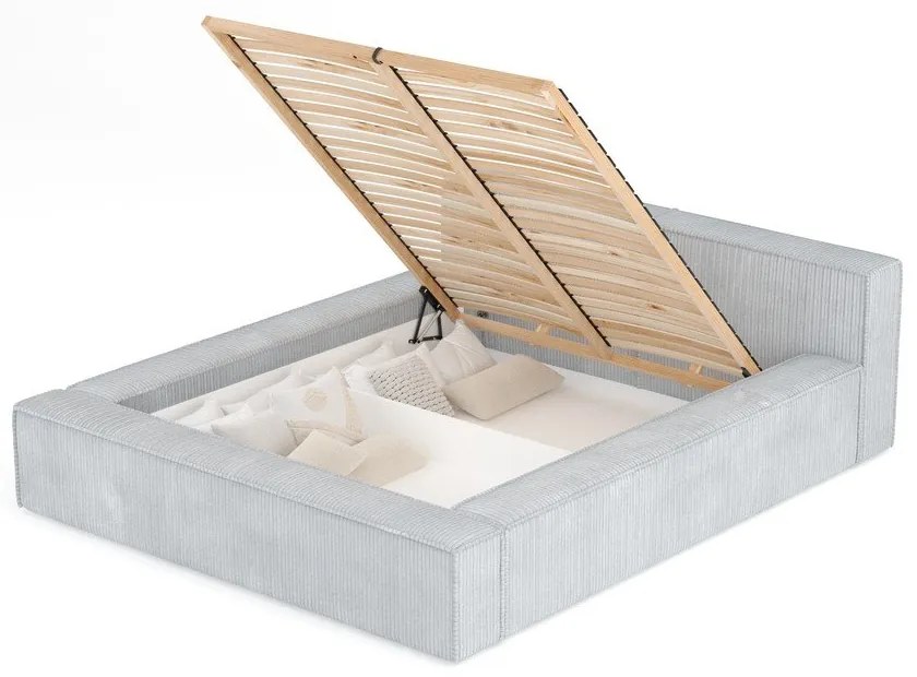 Jasnoszare tapicerowane łóżko dwuosobowe ze schowkiem ze stelażem 160x200 cm Voliera – Maison de Rêve