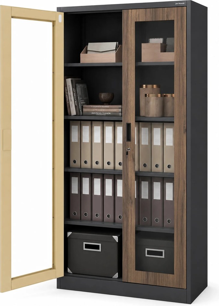 Szafa metalowa z witryną antracytowa / orzech: Eco Design AMELIA, 900 x 1850 x 400 mm