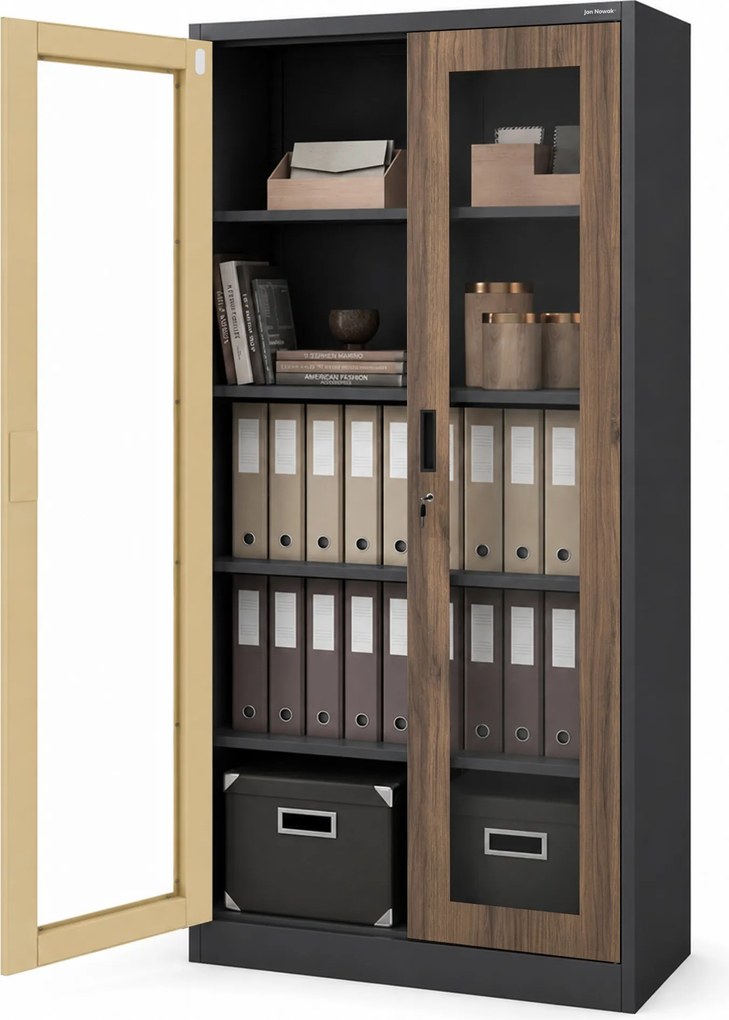 Witryna przeszklona metalowa wysoka z zamkiem antracytowa/orzech, 900x1850x400 mm: AMELIA Eco Design