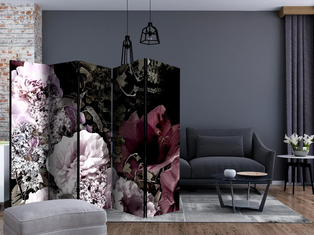 Parawan akustyczny Kwiaty 225x172 cm 5-częściowy czarny ARTGEIST B