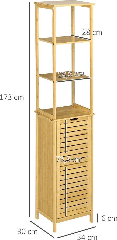 kleankin Wysoka Szafka Łazienkowa Bambusowa Żaluzjowe Drzwiczki 3 Półki 34x30x173cm | Aosom PL