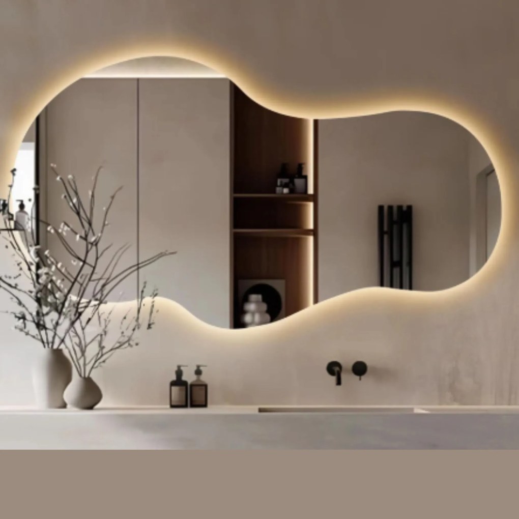 Lustro dekoracyjne o nieregularnym kształcie z podświetleniem FLOW Lagoon LED | Różne rozmiary | Różne kolory : Kolor tafli szkła - Srebrny, Rozmiar - 100 x 56