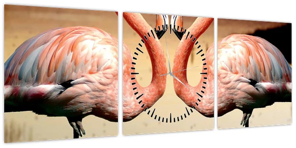 Obraz - dwa flamingi (z zegarem) (90x30 cm)