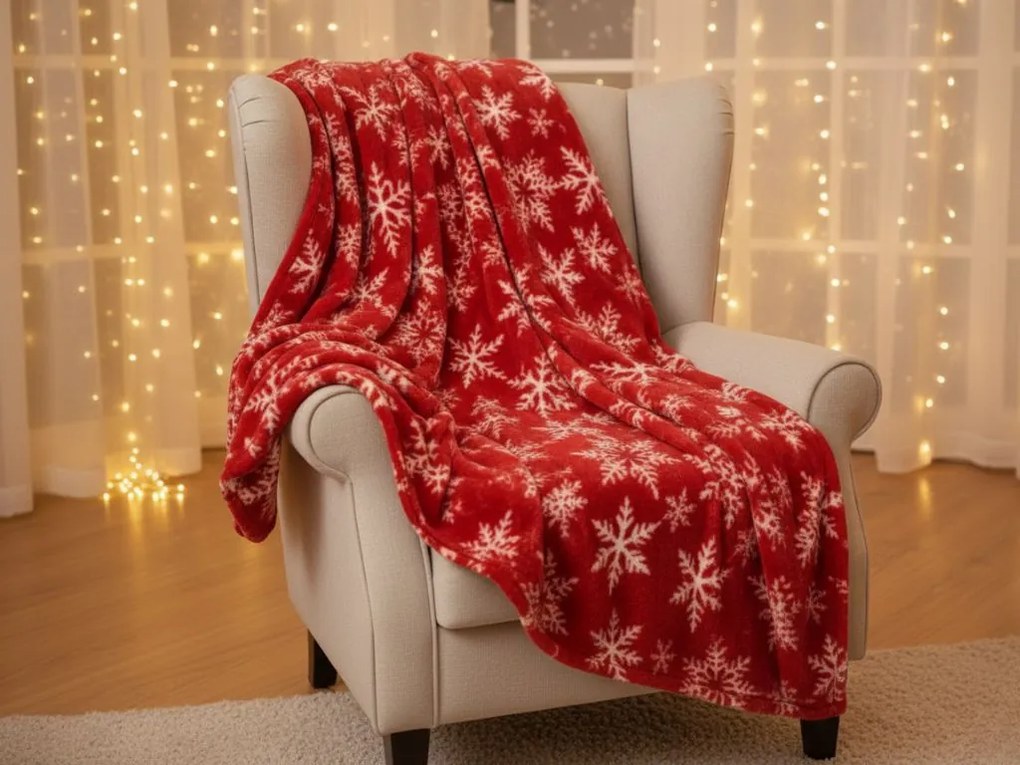Świąteczny mikropluszowy koc FROSTY FLAKES, czerwony Rozmiar: 200 x 220 cm