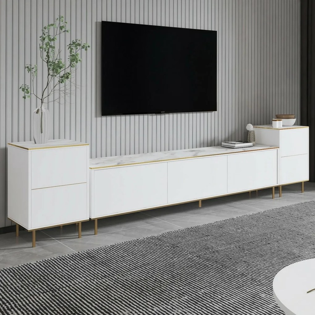 Stolik pod telewizor z szafkami Imej White Marble and Gold