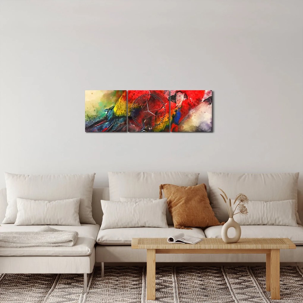 Obraz czerwonych papug Ara (z zegarem) (90x30 cm)