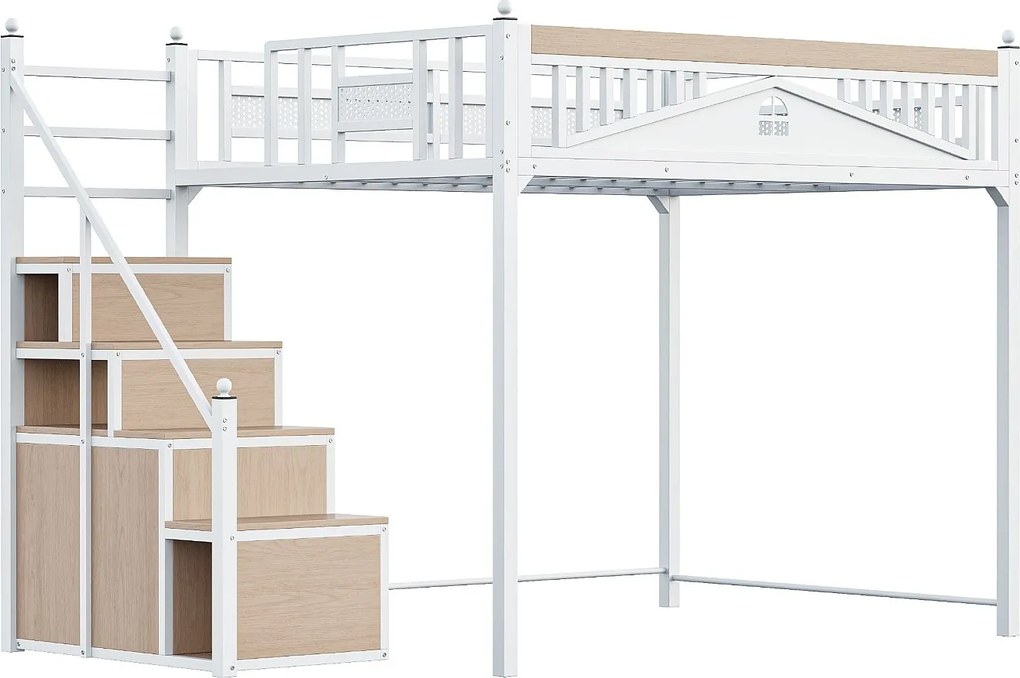 Łóżko antresolowe metalowe 140x200 cm - z drabinką ze schowkiem - Białe (materac nie jest dołączony)