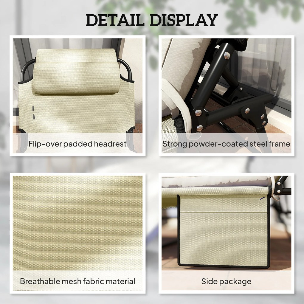 Outsunny Składany Leżak z 4-stopniową Regulacją Oparcia, Poduszką, Boczną Kieszenią, Zagłówkiem, 68 x 189 x 30 cm, Beżowy