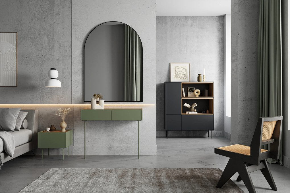 Komoda wysoka Desin 120 cm dwudrzwiowa z szufladą i wnękami - czarny mat / dąb nagano