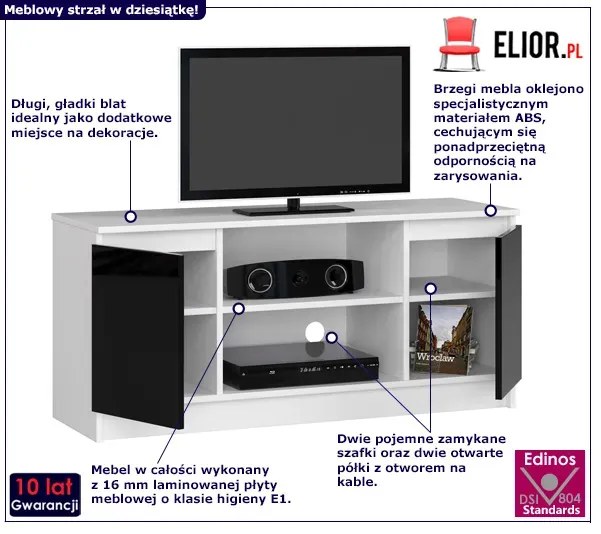 Stojąca szafka RTV biała + czarny - Galapi 6X 140 cm