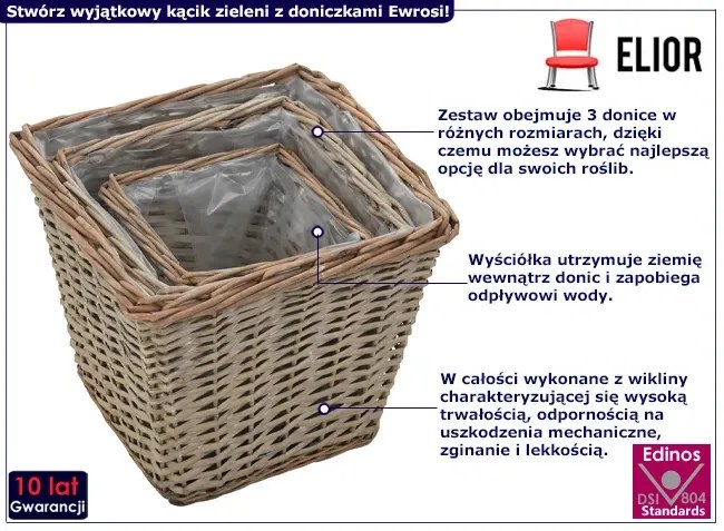 Zestaw 3 sztuk wiklinowych donic ogrodowych - Tizen