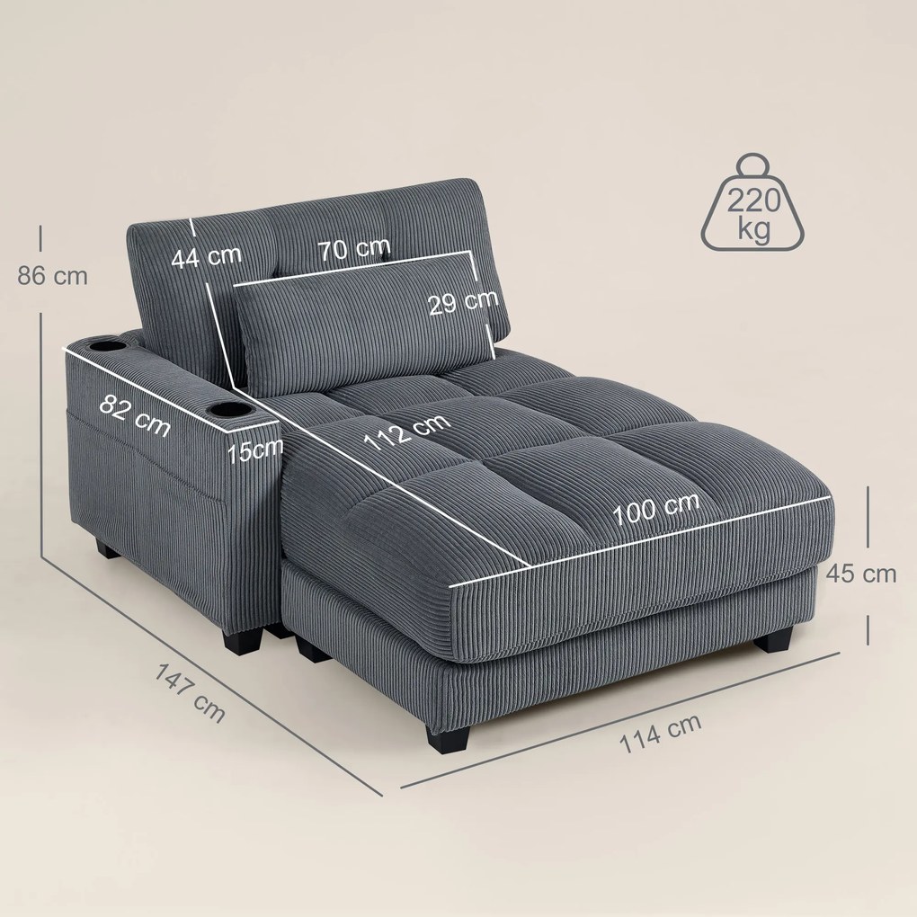 HOMCOM Sofa-łóżko z poduszką, piankowe, rozkładane, uchwyt na kubek, szary