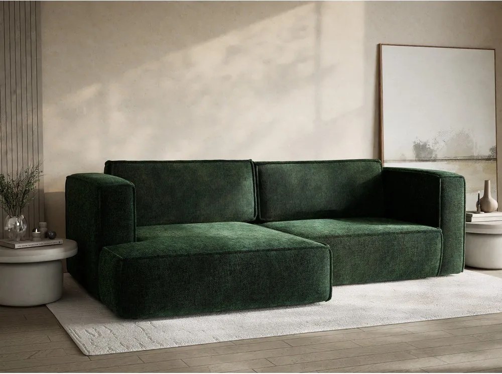 Ciemnozielony rozkładany narożnik ze schowkiem z tkaniny szenilowej (lewostronny/z szezlongiem) Velto – Maison de Rêve