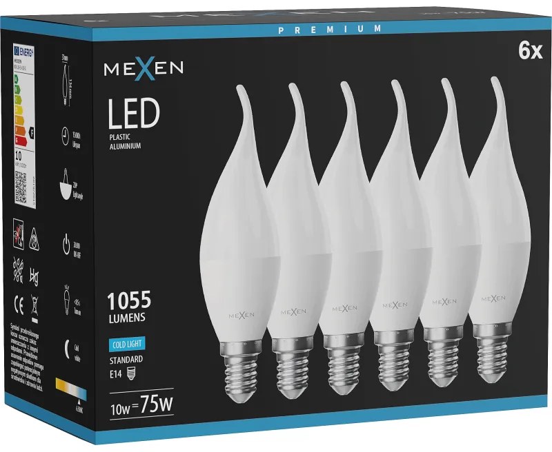 Mexen Nova 6x żarówka LED płomyk E14, C37, 10W, Zimna - 6500K, 1055 lm - L106-E14-1065-01x06