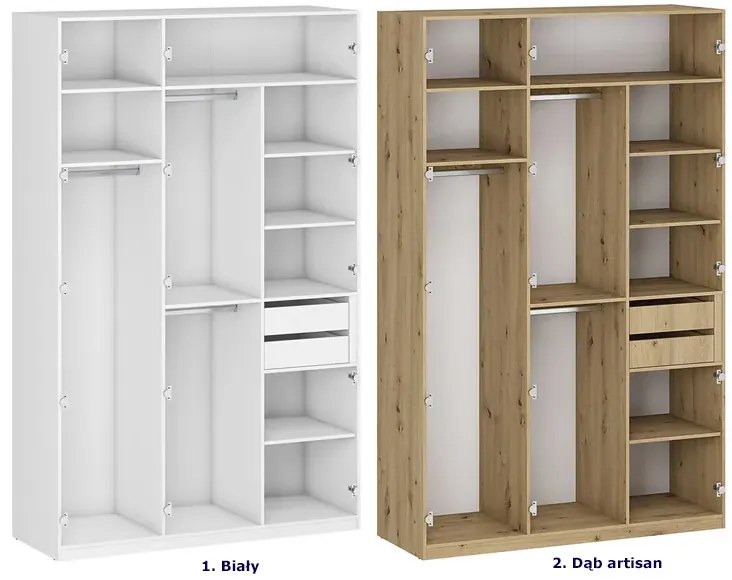 Biały korpus szafy z półkami i drążkami 150 cm M6-E57