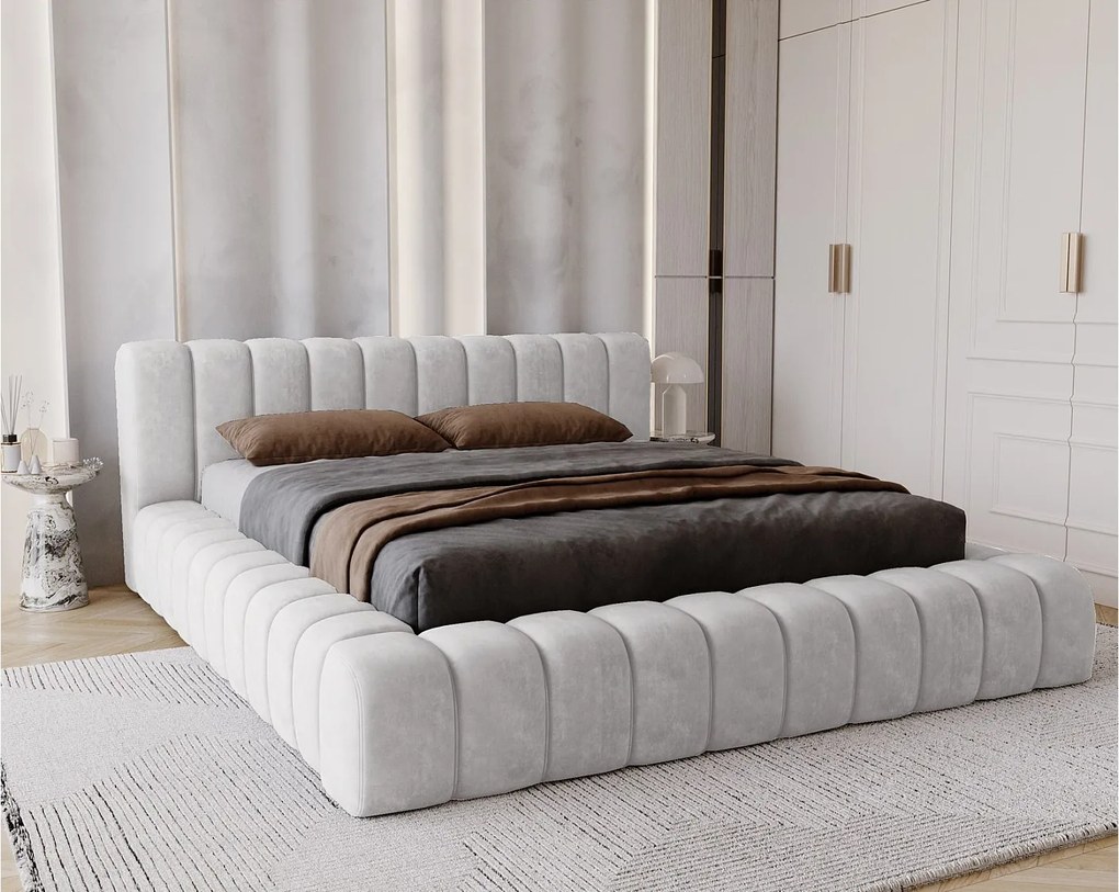 Emporius Como łóżko z pojemnikiem do sypialni - łózko tapicerowane 160x200, nowoczesny styl - duże łózko, gruba pianka - tkanina velvet, jasny szary (Whisper 16)