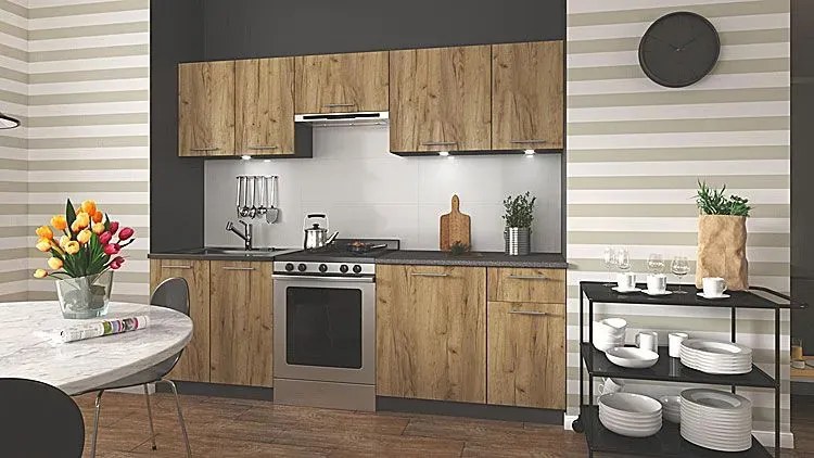 Zestaw mebli kuchennych 240 cm dąb craft + antracyt - Rokko