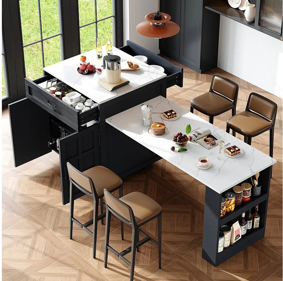 Wyspa kuchenna, stół jadalny dla 4-6 osób - 2 szuflady, 2 drzwi i półki - 133/202 x 70 x 93,5 cm - MDF - Czarny