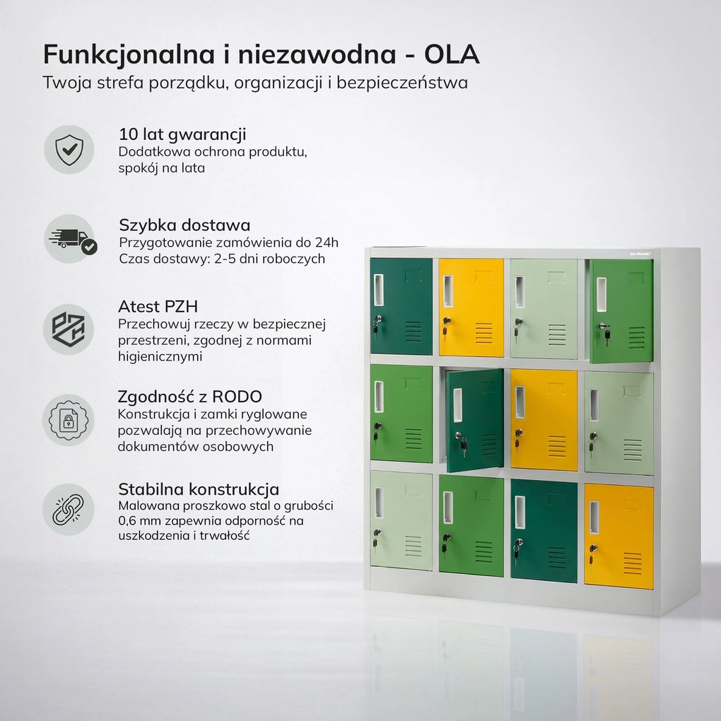 Szafka metalowa do szkoły i przedszkola szaro-zielono-żółta, 1090x1200x450 mm: OLA