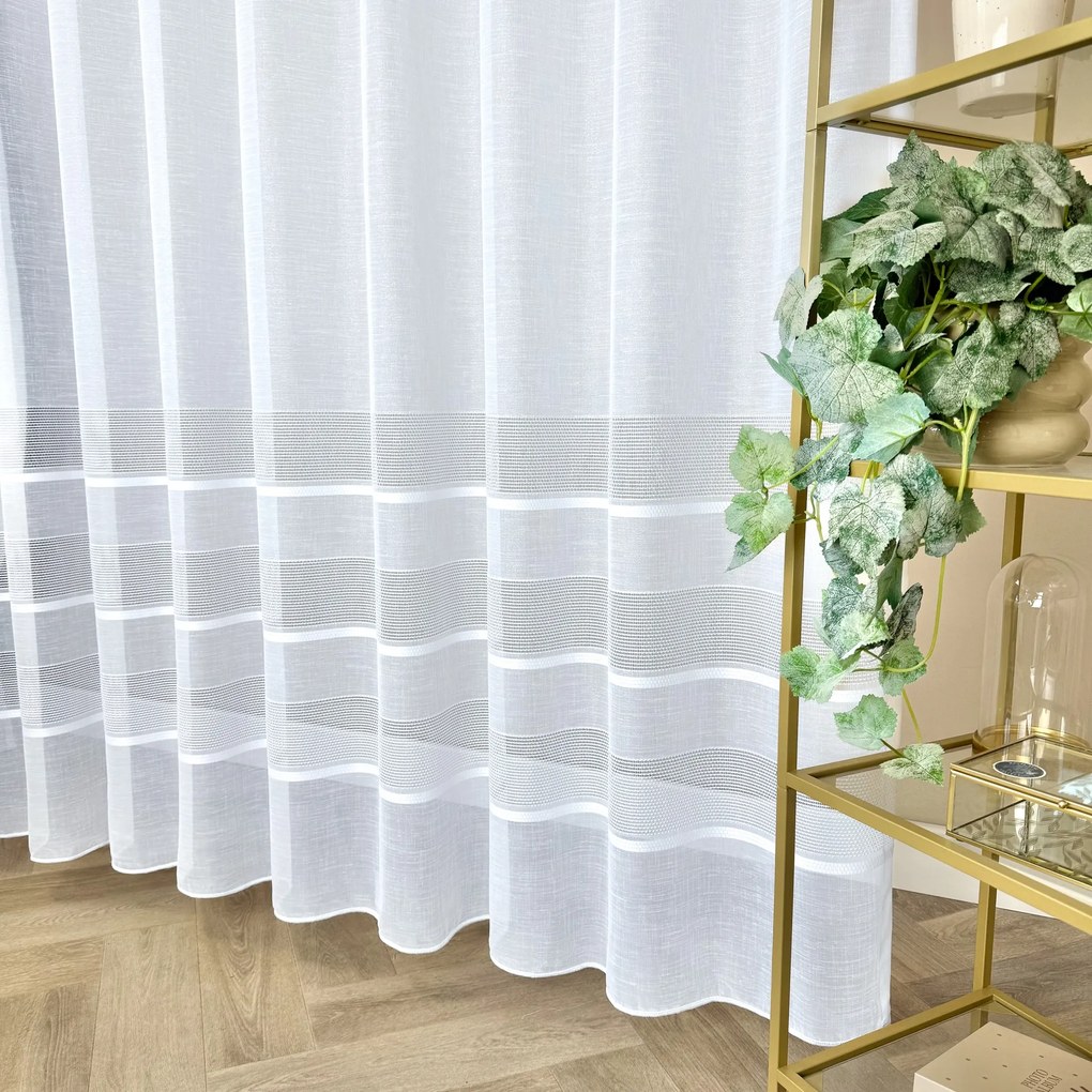 Firana gładka z 3 białymi pasami błyszcząca batyst len wys. 300 cm z ołowianką