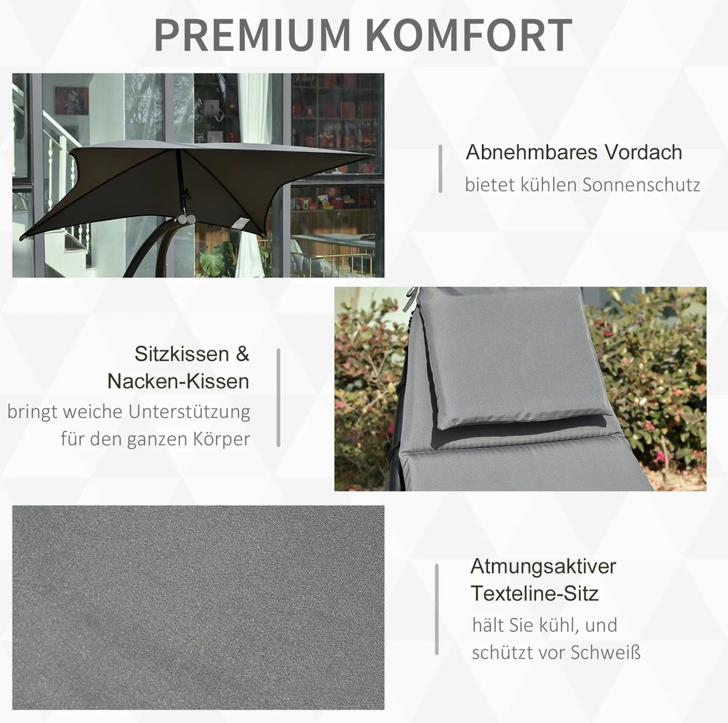 Outsunny Huśtająca się Leżanka Krzesło Huśtawka Relaksacyjna z Dachem Ogród Balkon Biuro Ciemnoszary 185 x 114 x 190 cm