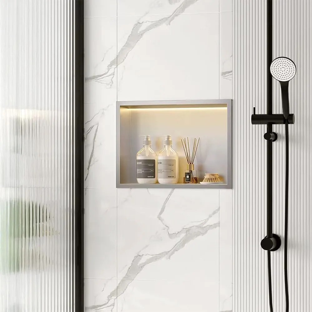 PÓŁKA WNĘKOWA ŁAZIENKOWA LED 30x45 stal szczotkowana