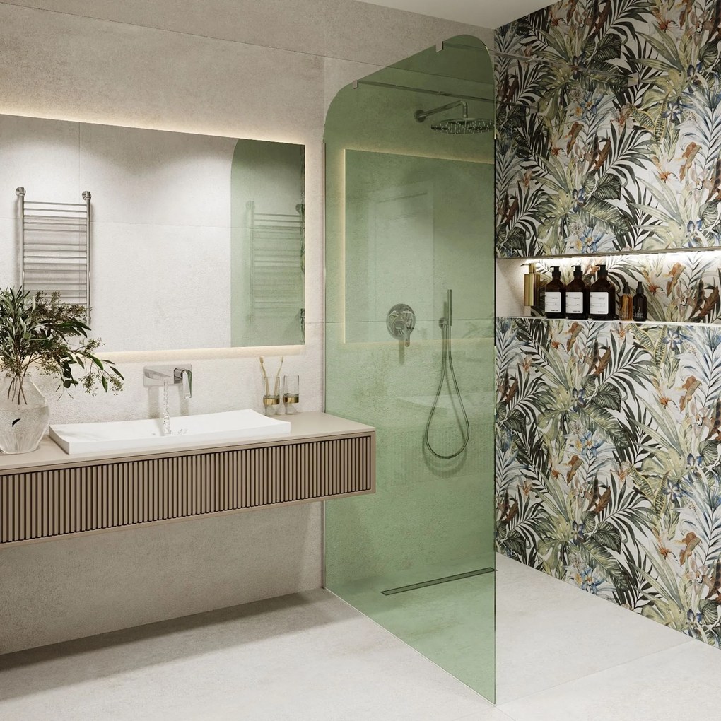 Ścianka prysznicowa WALK IN zielona 8mm MOLIS green square MASSI | rożne rozmiary : Kolor profili kabiny - chrom / srebrny, Szerokość ścianki - 70 cm, Typ montażu - WALK in FIX (Do ściany)