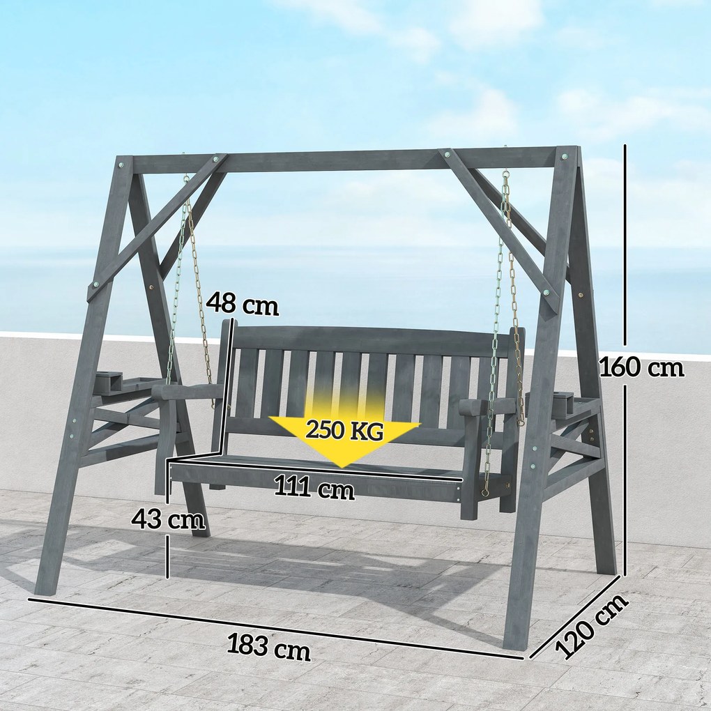 Outsunny 2-osobowa huśtawka ogrodowa z drewna, ławka bujana z półkami, uchwytami na napoje i łańcuchami, szara | Aosom PL