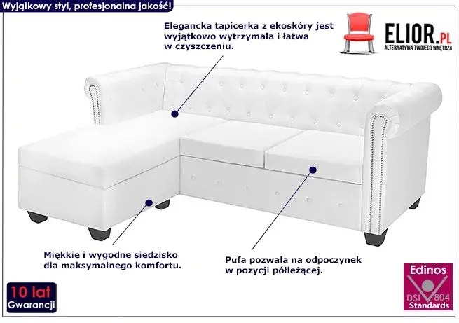 Biały narożnik z leżanką w stylu Chesterfield, lewostronny - Xavier 4Q