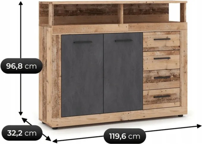 Komoda Dwudrzwiowa z Szufladami BLAGO MIDI A 119,6 cm Surowy Dąb/Czarny Loft