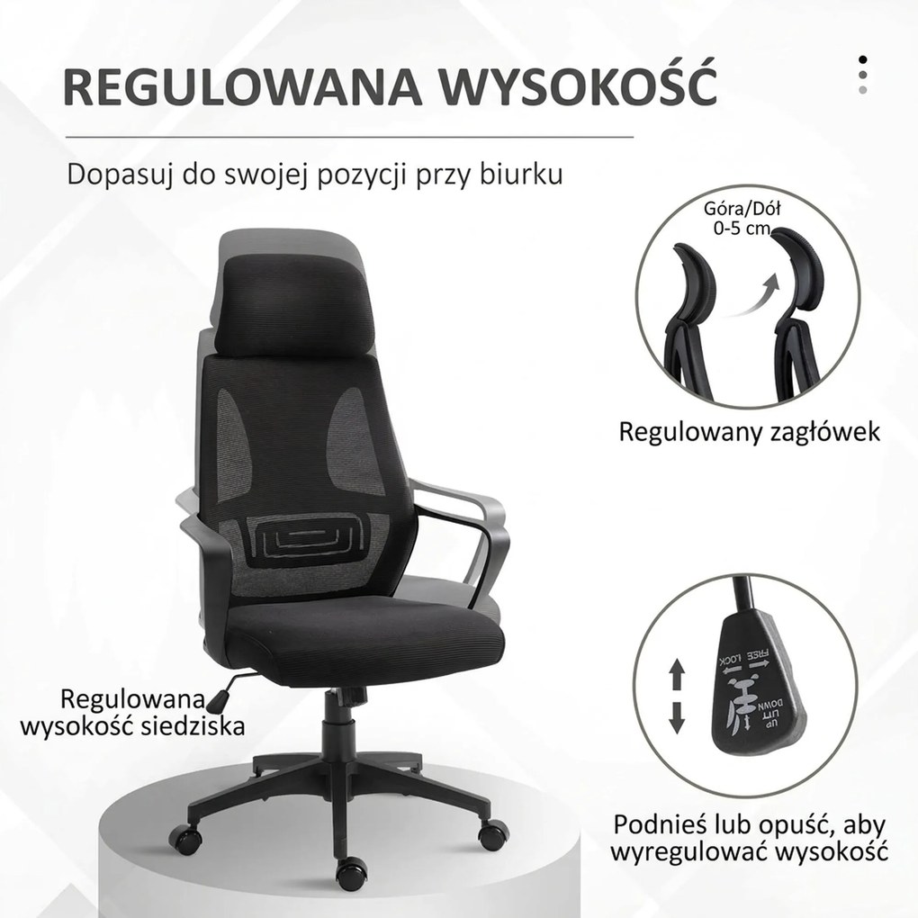 Vinsetto Krzesło Biurowe, Krzesło Biurkowe z Funkcją Bujania, Regulowane z Podparciem Głowy, Wsparciem Lędźwiowym - Czarny