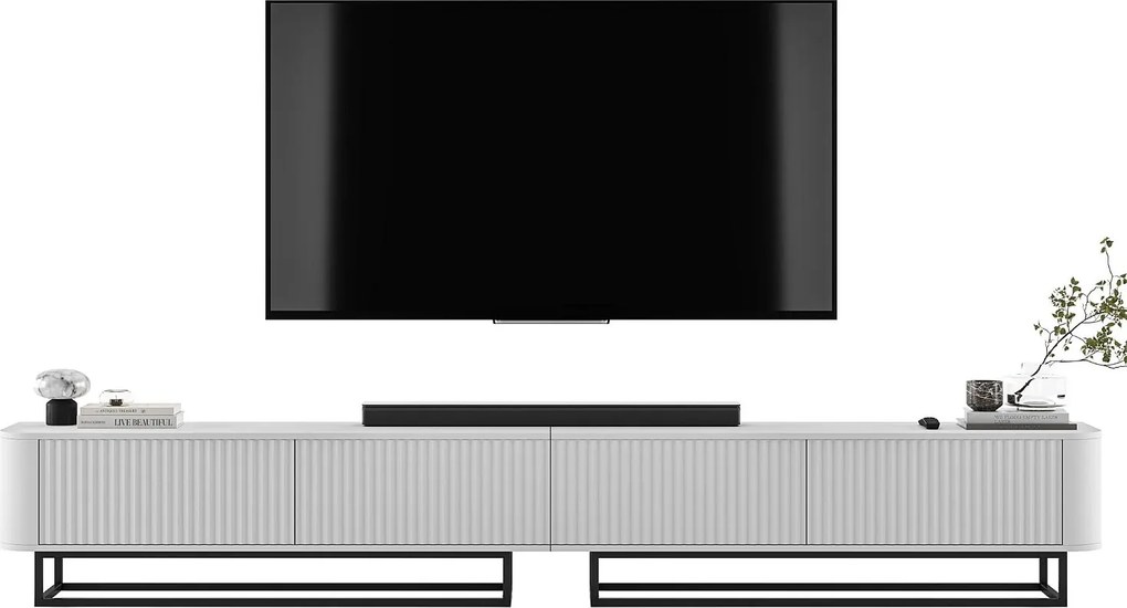 Szafka RTV 4-drzwiowa, fronty ryflowane, biały mat, czarne metalowe nogi, 280 cm - AURORA
