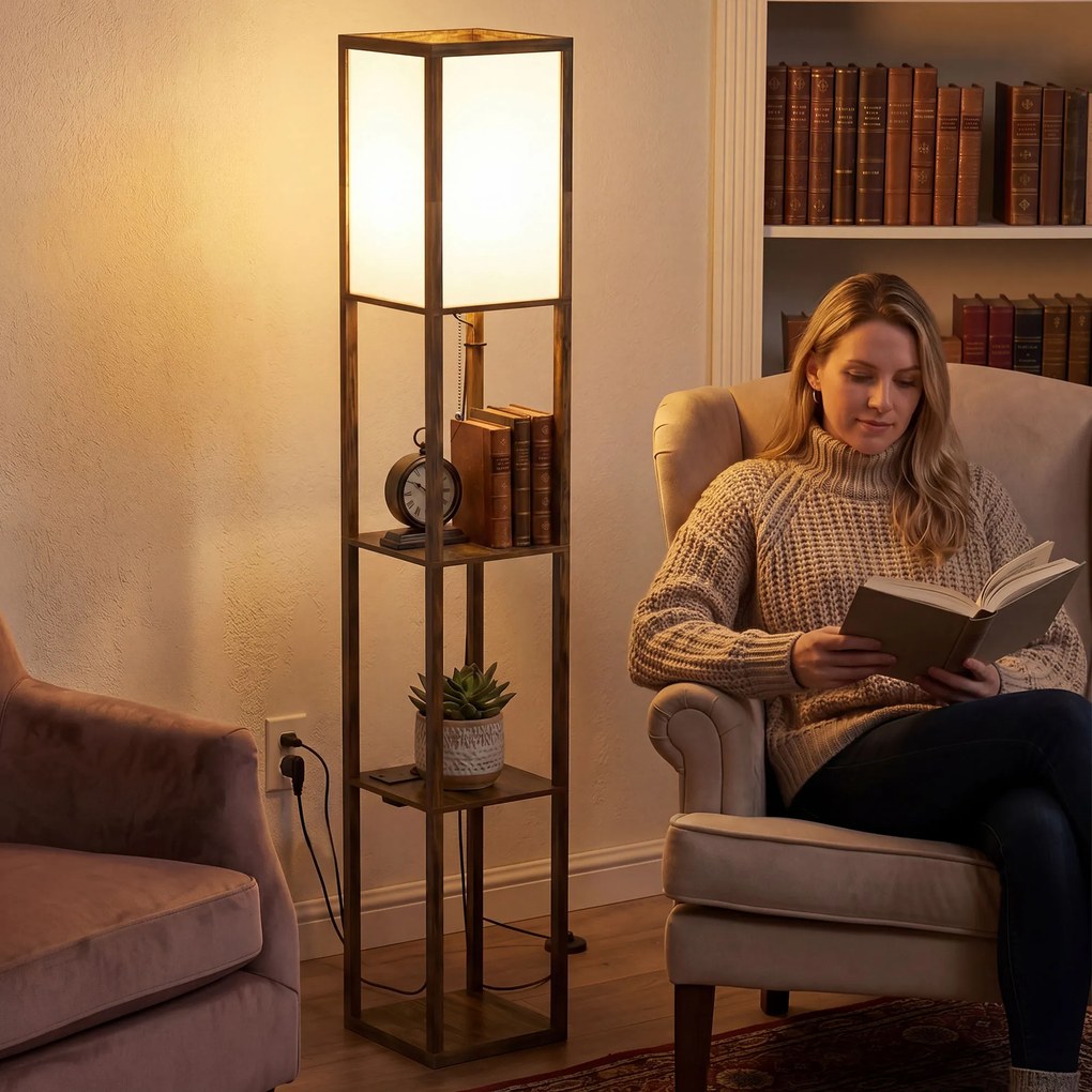 HOMCOM Lampa stojąca LED z półkami, lampa z przełącznikiem nożnym i portami USB, regulowana temperatura barwowa, rustykalny brąz | Aosom PL