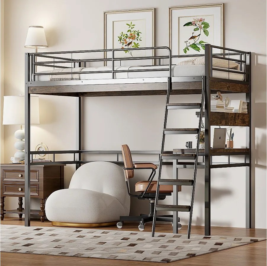 Łóżko piętrowe 90 x 200 cm z biurkiem i półkami - Metal + MDF - Czarne (bez materaca)