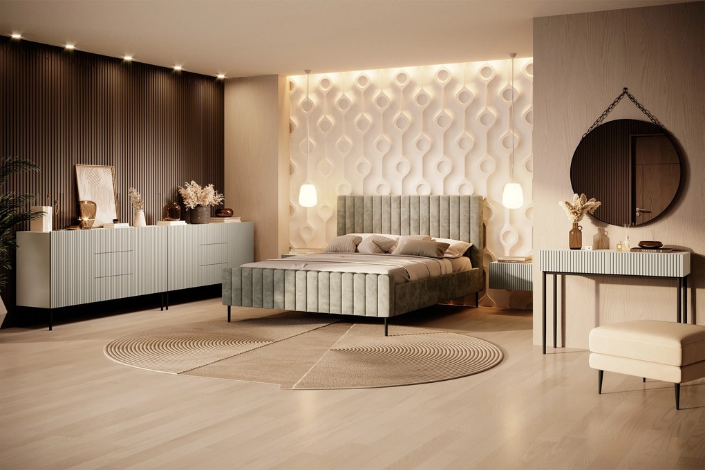 Komoda Nicole 150 cm z szufladami i ryflowanym frontem - kaszmir / czarne nóżki