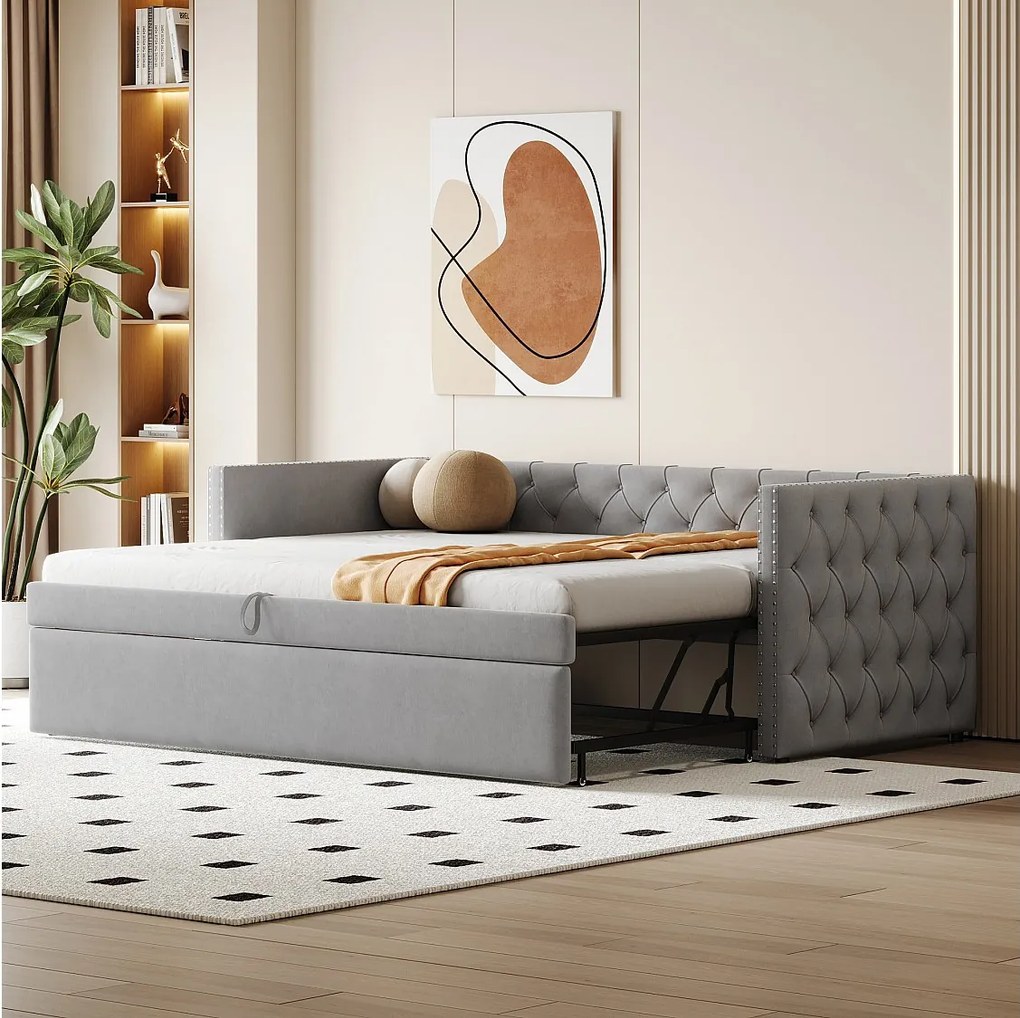 Tapicerowane łóżko dzienne z wysuwanym łóżkiem - 90/180 x 200 cm - z podstawą z listew - aksamit - beż