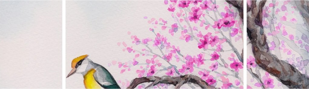 Obraz - ptak na drzewie z różowymi kwiatami (170x50 cm)