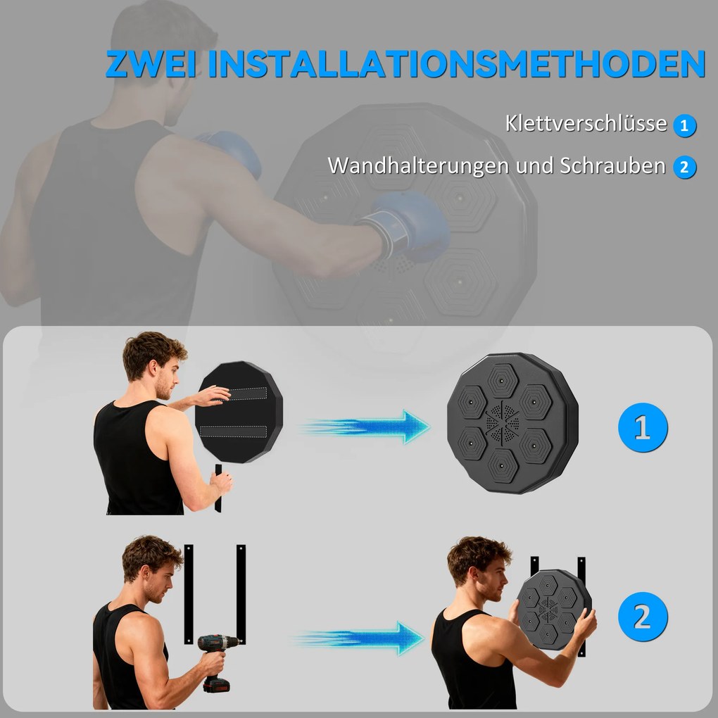 SPORTNOW Trener bokserski z funkcją muzyki, Bluetooth, migające punkty, montaż na ścianie, skóra ekologiczna, Czarny