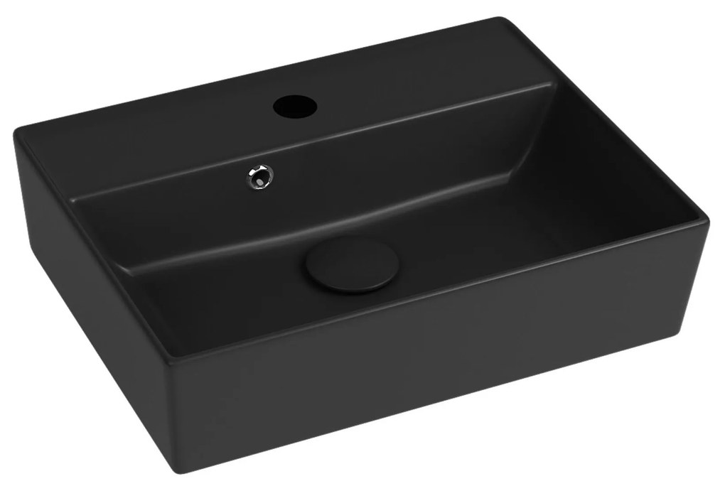 Umywalka ceramiczna nablatowa / wisząca czarna z otworem na baterię i z półką 50x38 cm LERA Black