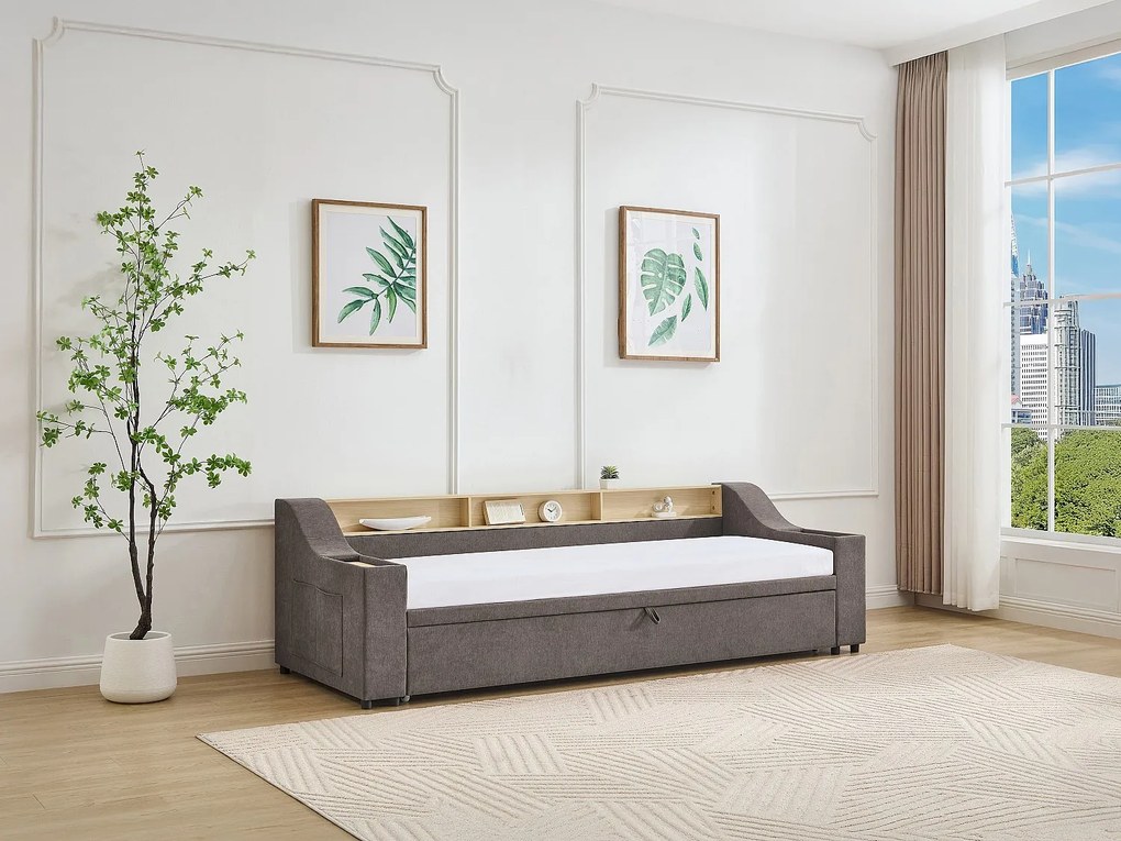 Łóżko wysuwane 2 x 80 x 200 cmze skrzynią i portem USB - Tkanina - Taupe + Materac - ORAVAYA