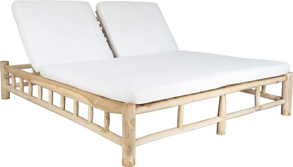 Leżak 2-osobowy z drewna tekowego z materacem - Jasny naturalny i biały - TULUM od MYLIA