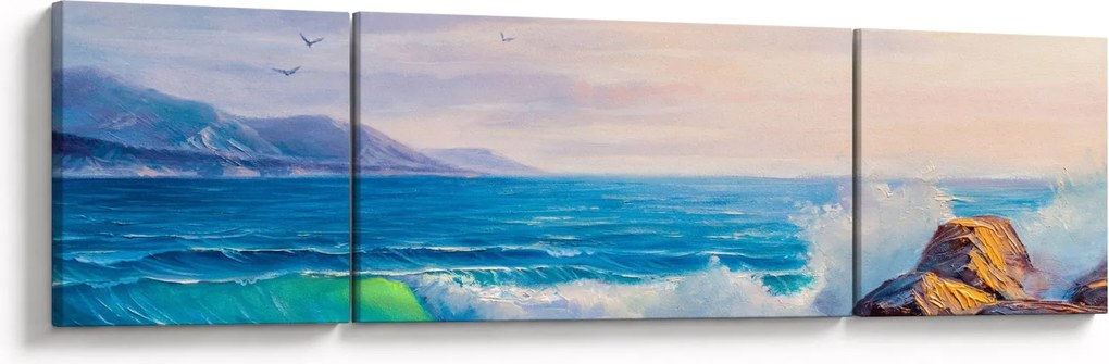 Obraz fal uderzających w klify, obraz olejny (170x50 cm)